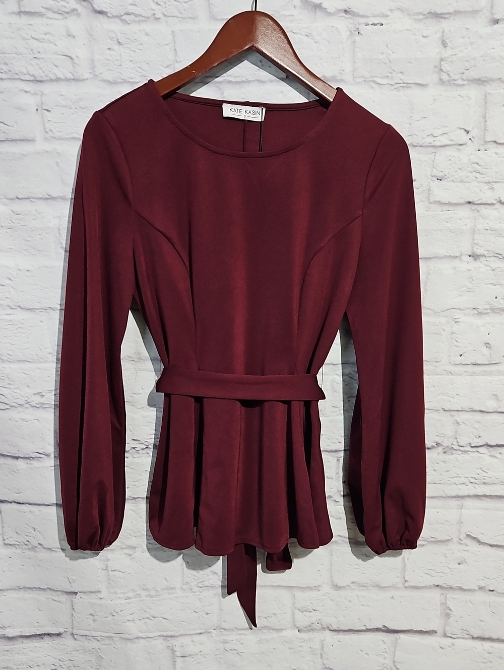 Kate Kasin Burgundy Long-Sleeve Peplum Tie-Waist Blouse